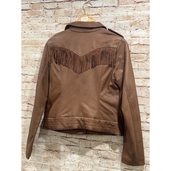 CoffeeShop Junior's Brown Faux Leather Fringe Moto Jacket Size L - Picture 8 of 9